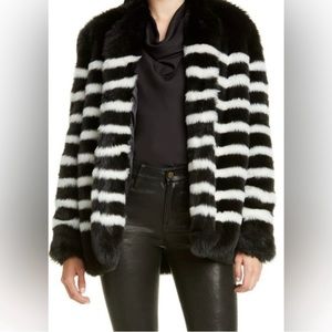 FRAME Black White Stripe Faux Fur Shearling Jacket Coat